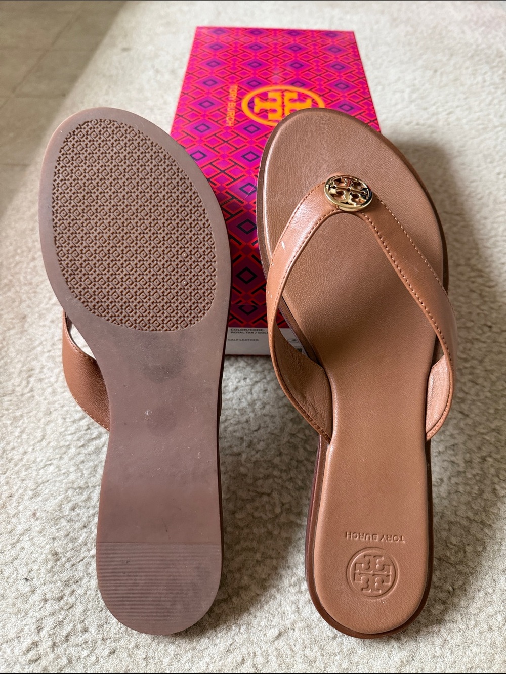 Tory Burch Tan Leather Logo Thong Sandals with Gold Medallion